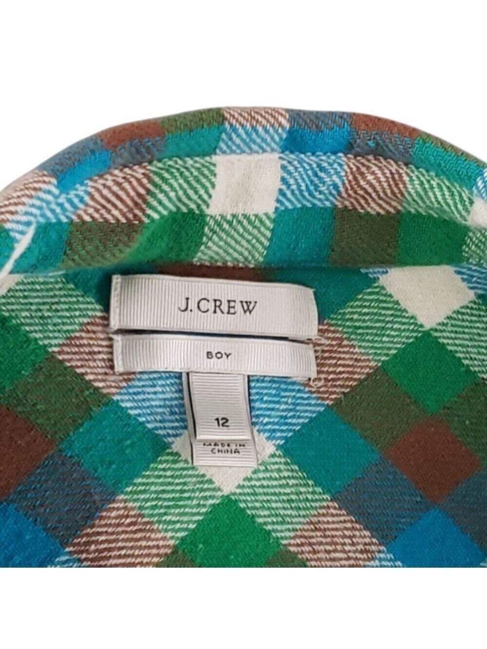 J. Crew Boy Long Sleeve Blue, Green, & Brown Flannel Button Down Shirt 12 - Picture 5 of 6